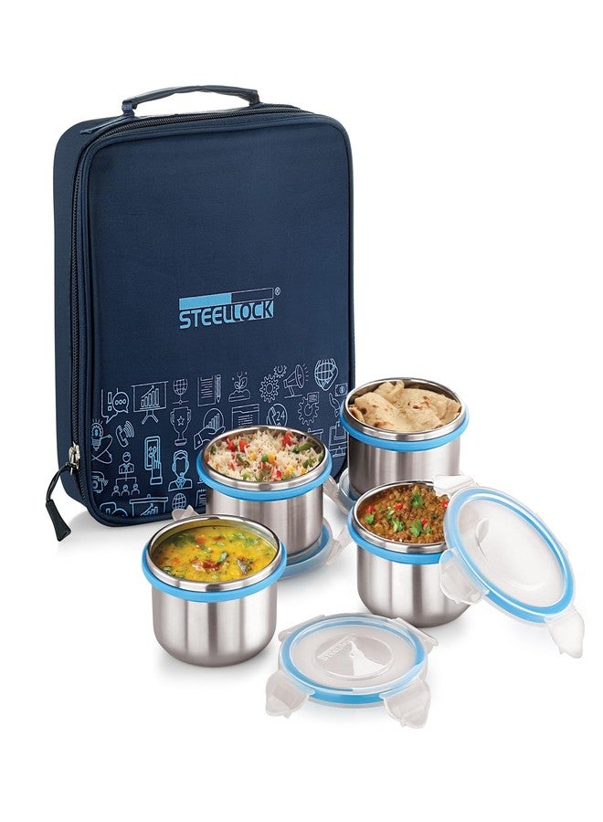 STEELLOCK علبة غداء ستيللوك، حاويات من الفولاذ المقاوم للصدأ، مانعة للتسرب مع أغطية محكمة الإغلاق خالية من مادة BPA، غلاف قماشي (280 مل × 4 قطع، HL - 1241) - Image 1